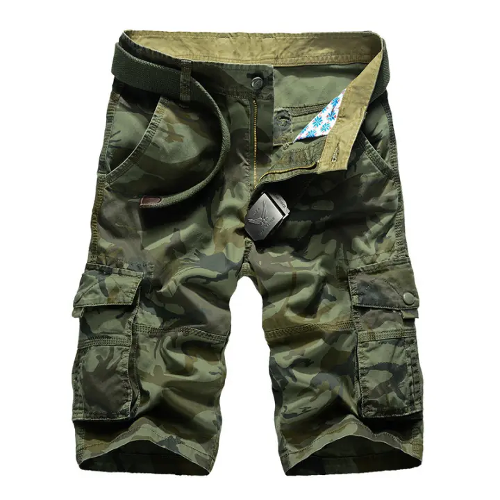 Pantalones cortos cargo con múltiples bolsillos de camuflaje de algodón para hombre - 1