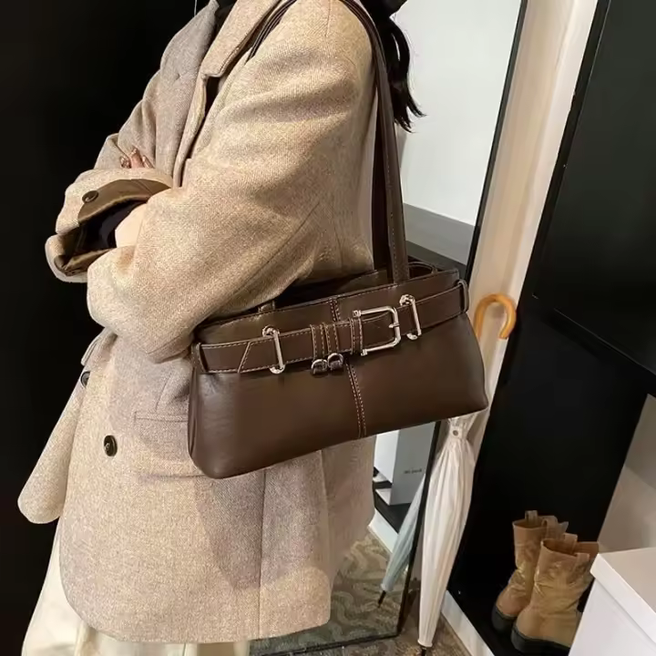Bolso de hombro para mujer, bolso de trabajo de cuero vegano, bolso Hobo de lujo de moda, bolsos de diseñador, bolso con asa superior y hebilla de cinturón - 1