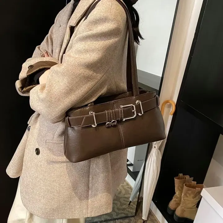 Bolso de hombro para mujer, bolso de trabajo de cuero vegano, bolso Hobo de lujo de moda, bolsos de diseñador, bolso con asa superior y hebilla de cinturón - 1