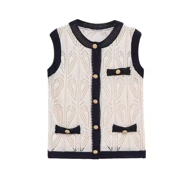 PB&ZA2025 chaleco de punto de malla jacquard casual versátil con cuello redondo estilo de contraste de color tops de verano nueva ropa de mujer. - 1