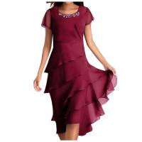 Vestido de fiesta de noche elegante de verano con volantes de Color sólido plisado a la moda Dias Patchwork cuello redondo dobladillo oscilante - details 2