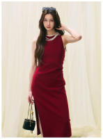 Vestido Largo de Verano Shengdu Elegante Corte de Diagonal Rojo, Pliegues y Estilo Socialité Francés de Alta Gama - details 8