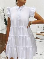 Vestido corto con ribete de volantes y botones en la parte delantera de manga en capas lisas para mujer, vestido informal de manga corta con cuello para verano, vestidos que ocultan la barriga para mujer, vestidos de verano 2025 - details 1