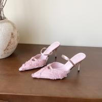 Nuevo temperamento puntiagudo rosa bolsa cabeza media zapatillas mujer malla encaje stiletto tacones altos - details 30