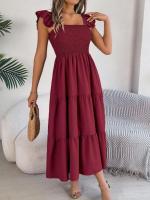 Escote cuadrado de verano con mangas anchas y pliegues, vestido informal de algodón transpirable para playa o uso diario, estilo bohemio - details 30