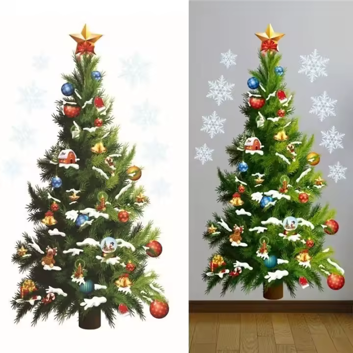 Pegatinas de pared de árbol de Navidad, arte de pared extraíble, decoración de ventana de hogar - 1