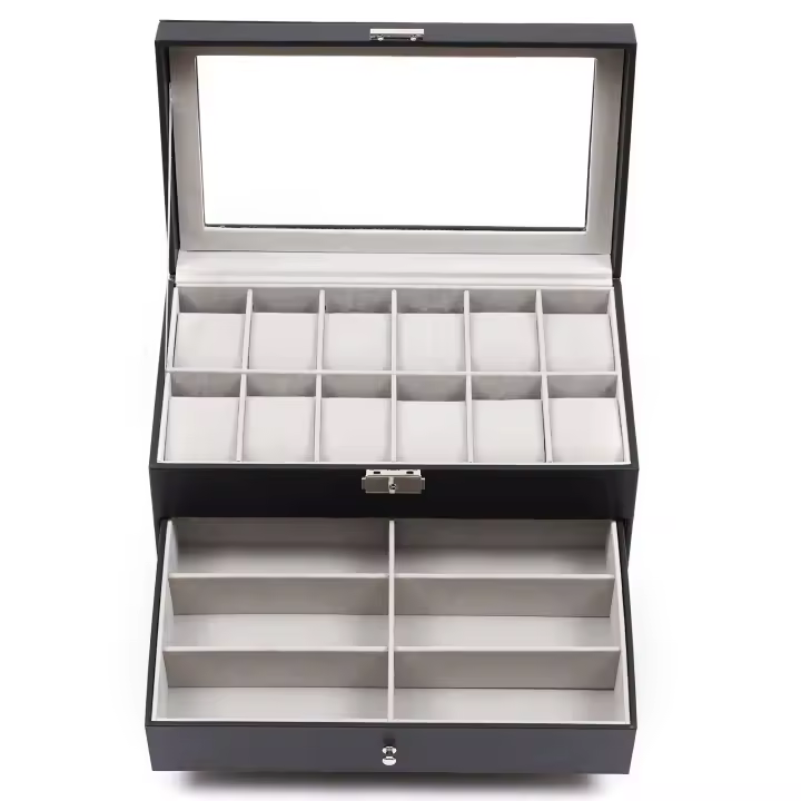 Caja de cuero negro de 3 capas para reloj, gafas y gafas de sol con cajón de exhibición de joyería, organizador de estuche con hebilla de Metal - 1