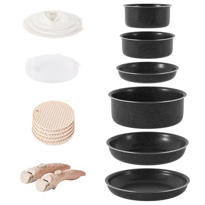 RIOVARM Inducción Juego de ollas y sartenes con asas Desmontables, Apilable Antiadherente Granito Sartenes y ollas con Tapas, Ahorro de espacio, Juegos de sartenes, Sin PFOA, Sartén - 1