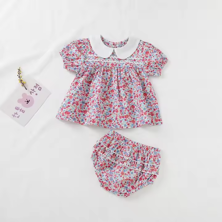 Conjunto de Verano para Niñas Top con Mangas Abullonadas, Blusa Floral y Pantalones Cortos - 1