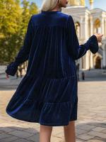 Otoño e Invierno suelto Color sólido con cuello en V vestidos de manga larga para mujer nuevo en elegante Retro Casual Midi vestido femenino - details 16