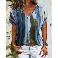 Camiseta Estampada 3D a Rayas Moda Casual Vintage para Mujeres Cuello en V Manga Corta - details 3