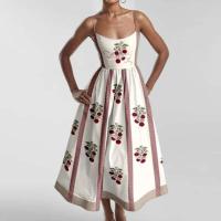 Novedad de verano, estampado de peces y camarones de moda para mujer, cuello en U, cintura plisada con tirantes grandes, vestido largo sexy - details 3