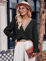 Blusa de retazos de encaje hueco para mujer, elegante camisa de manga larga para oficina, Tops elegantes sólidos sueltos, ropa de moda de otoño - details 9