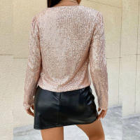 Chaqueta de manga larga con cuello redondo y lentejuelas para mujer, abrigo corto elegante de Color liso para primavera y otoño - details 5