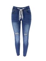 Vaqueros elásticos ajustados negros con agujeros y cordón para mujer 2025 Nuevos en pantalones altos - details 4