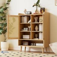 Zapatero de ratán natural, zapatero con 2 puertas y 5 estantes, para el pasillo. Con asas de madera y patas de madera maciza. - details 2