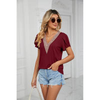 BUNO-2025 Camiseta holgada de manga corta con cuello en V para mujer, Top informal de encaje de Color puro, camiseta holgada cómoda y transpirable para verano - details 34