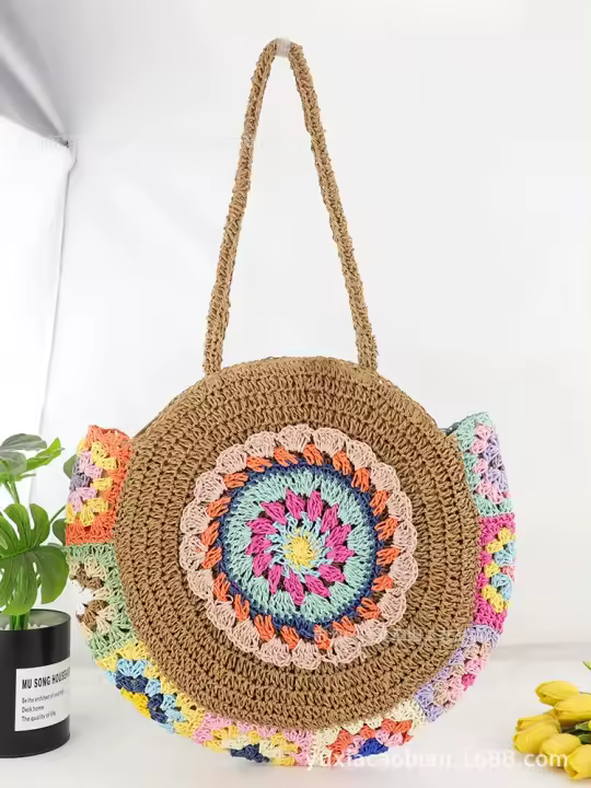 Bolso de Playa Grande de Paja Tejida Estilo Étnico Bolso de Hombro para Mujer Colorido para Vacaciones - 1