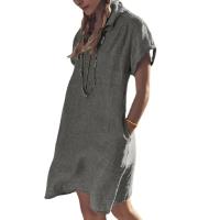 L-5XL de algodón y lino para mujer, vestido holgado de manga corta con botones y bolsillos de solapa, Color liso, talla grande, Verano - details 6