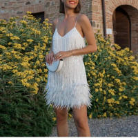 Vestido corto con lentejuelas y borlas para mujer, minivestido Sexy con tirantes finos y costuras, elegante, para fiesta y Club - details 21