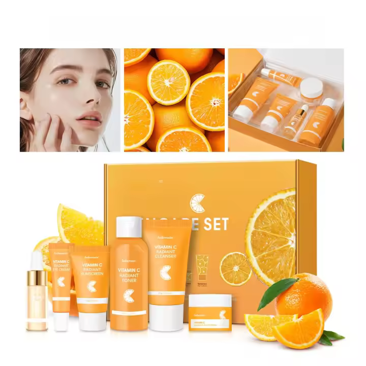 Set de cuidado de la piel con vitamina C, set de 6 piezas que incluye sérum tonificante, crema facial para ojos, protector solar, limpiador, hidratante profundo para la piel - 1