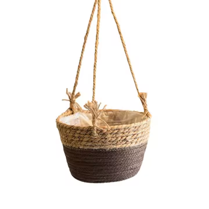 Macetero colgante para jardín, cesta de almacenamiento de plantas de macramé, cuerda de yute tejida para interior y exterior, soporte para maceta de flores, Color café L - 1