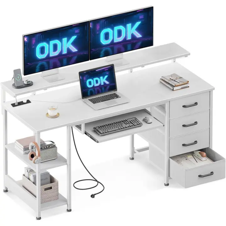 4 Cajones, Escritorio de Ordenador con Toma de Corriente y Carga USB, Escritorio Gaming Mesa de Escritorio con Estantes Ajustables para el Hogar (Blanco, 140x52x92cm) - 1