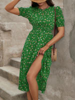 Vestido de mujer, novedad de verano 2025, vestido de longitud media acampanado a la moda con cintura alta y flores redondas para mujer - details 34