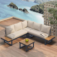 Conjunto de ocio para jardín, posición esquinera con función de reclinación en ángulo ajustable (5 niveles ajustables, hasta 55 ° ), acero tubular galvanizado, tablero de plástico con veta de teca, con mesa de centro, beige + gris - details 1