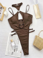 Cut Out Halter Rings One Piece Swimsuit 2024 Swimwear for Women Sexy Hollow Out Bathing Suit Thong Monokini - details 2