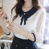 Elegante Blusa de Encaje para Mujer Cuello Peter Pan Color Sólido Manga Media - details 2