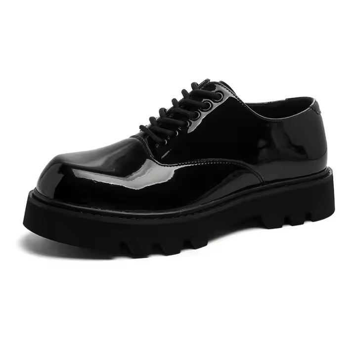 Zapatos derby de suela gruesa con punta cuadrada, zapatos negros de traje casual para jóvenes. - 1