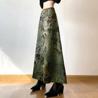 BUNO Estampado de trompeta verde vintage hasta la rodilla, faldas largas estéticas elegantes Y2K con cinturilla, vacaciones Grunge Fairycore - details 1