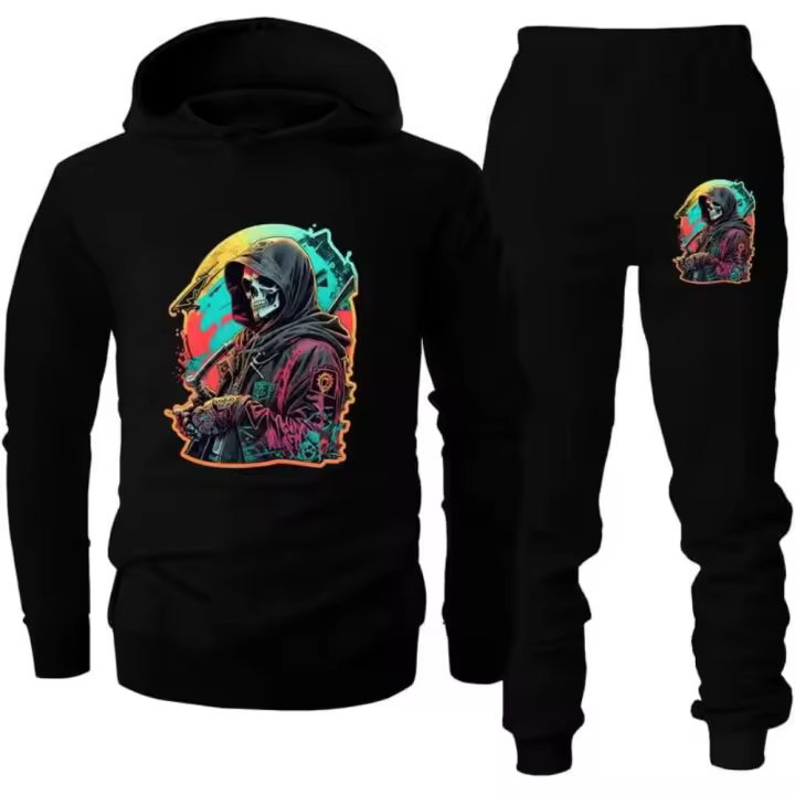 Conjunto de 2 piezas de chándal para hombre con diseño de calavera, sudadera con capucha gráfica, sudadera con capucha y pantalones deportivos - 1
