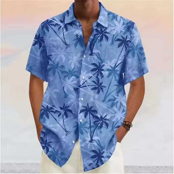 Camisas hawaianas con solapa de árbol de Coco para hombre, camisa de manga corta a la moda, blusa Floral, cuello vuelto, ropa masculina, verano - 1