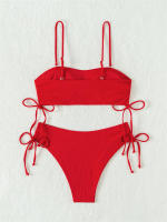 Bikini negro liso para mujer, traje de baño de dos piezas con Tanga de cintura alta y ribetes, 2024 - details 23