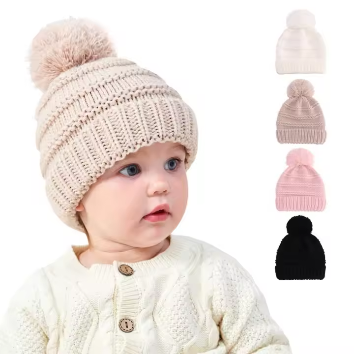 Gorro de punto para bebé y niño, gorro de esquí grueso de punto cálido con pompón, 6M-4T - 1
