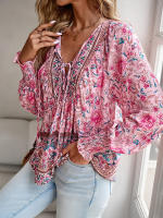Blusa camisa floral rosa para mujer, top suelto de manga larga, ropa de calle, traje de oficina, ropa de mujer para otoño y primavera - details 4