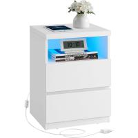 Mesita de Noche con Iluminación LED Ajustable, Mesa Auxiliar con Cajones, Cajonera, para Dormitorio, Sala de Estar, Estilo Moderno, Blanco Nube LET834W01 - details 8