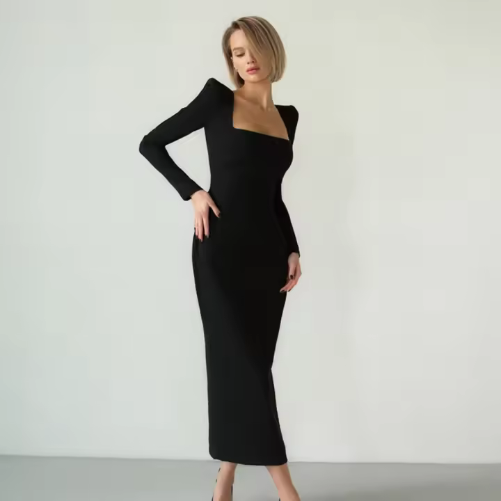 Vestido negro estilo francés Hepburn para mujer, con cintura ajustada y cuello cuadrado, manga larga, otoño 2024 - 1