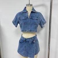 Ropa de trabajo Traje de mezclilla Falda Pantalones Top de manga corta Verano Mujer Chica caliente Cintura alta Irregular - details 5