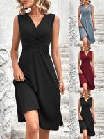Nuevo producto verano 2025 color sólido con cuello en V, cintura cruzada plisada, vestido sin mangas, midi y largo, vestido largo de mujer - details 1