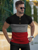 Camiseta deportiva informal de manga corta de verano para hombre, con costuras tricolores y cuello en V con muescas, estilo Henry - details 11