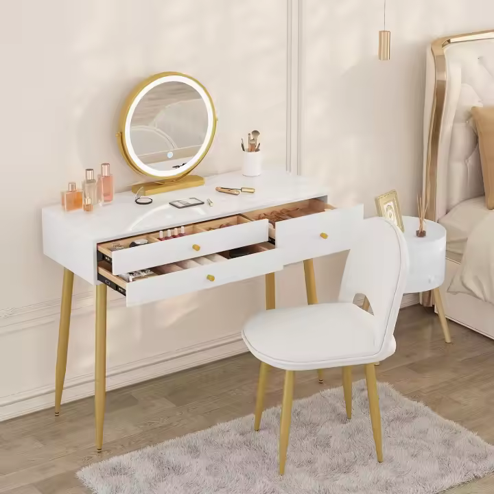 Tocador Maquillaje con Espejo de Luz Regulable en 3 Niveles, Mesa Tocador con 3 Cajones, Escritorio Grande 100x40 cm, Silla Ajustable en Respaldo de Terciopelo - 1
