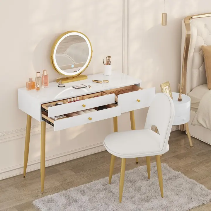 Tocador Maquillaje con Espejo de Luz Regulable en 3 Niveles, Mesa Tocador con 3 Cajones, Escritorio Grande 100x40 cm, Silla Ajustable en Respaldo de Terciopelo - 1