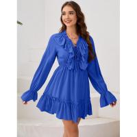 Vestido elegante de manga larga con cuello en V para mujer, vestido corto con volantes, color sólido, informal, nuevo en promoción - details 12