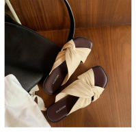 Zapatillas de verano para mujer, pliegues retorcidos, fondo plano, exterior, sandalias versátiles, cabeza cuadrada, nube, medio arrastre - details 31