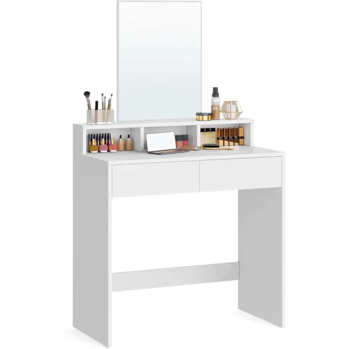Mesa de Maquillaje con Espejo Grande, Gabinete con 2 Cajones y 3 Compartimentos, Estilo Moderno, Blanco RDT113W01 - 1
