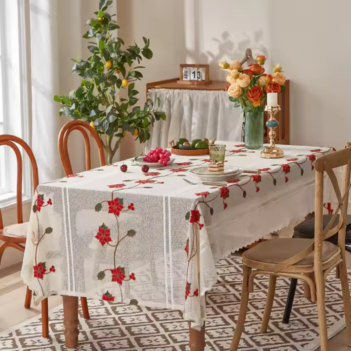 Mantel de encaje navideño con bordado de flores, cubierta de mesa con patrón navideño Beige, camino de mesa Vintage de Papá Noel, decoraciones de mesa - 1