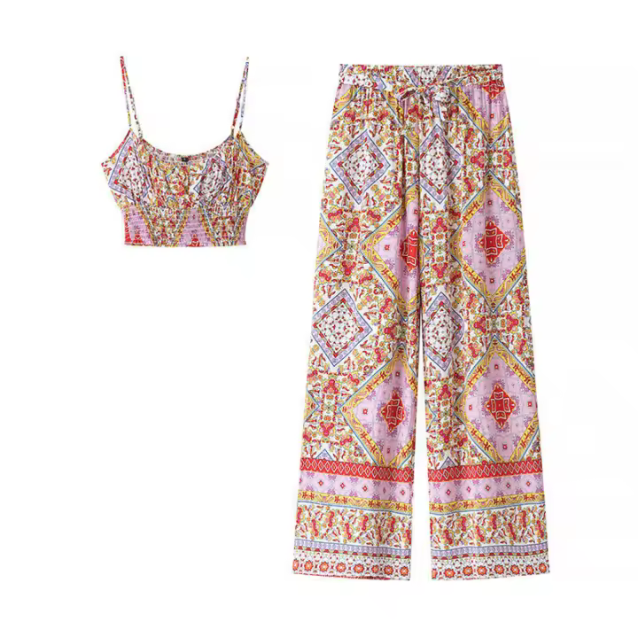 Conjunto de pantalones retro con estampado geométrico de cintura alta y cinturón sexy para mujer Moda femenina - 1